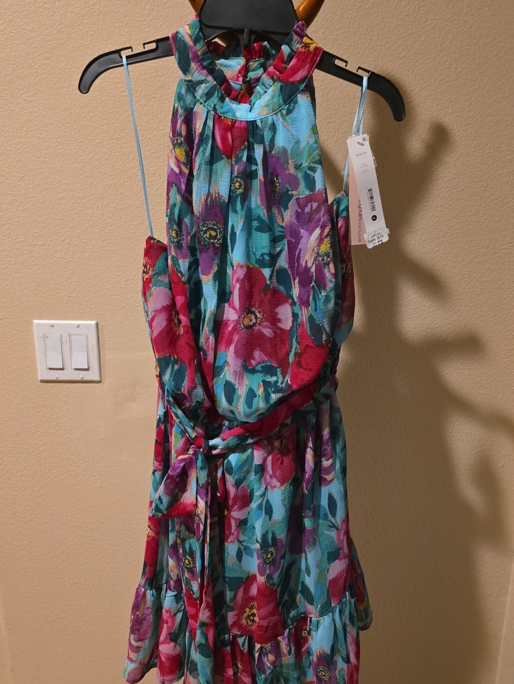 Bloomingdale's Teal Strapless Floral Dress with Pink & Purple Blooms